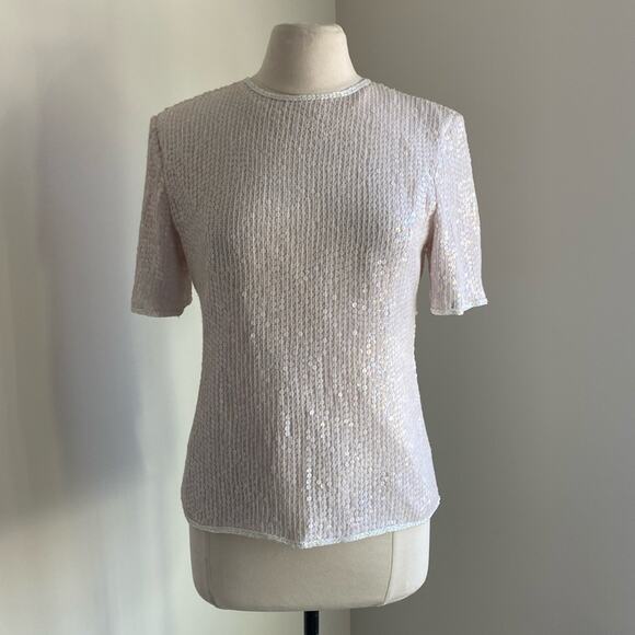 VINTAGE RAZZLE DAZZLE Sequin Tee Womens Sz Medium White Short Sleeve Glam - Picture 1 of 8